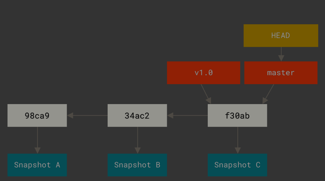 分支master是一个指向最新提交对象的指针，HEAD指针指向当前分支，标签v1.0也是指向某个提交对象的指针