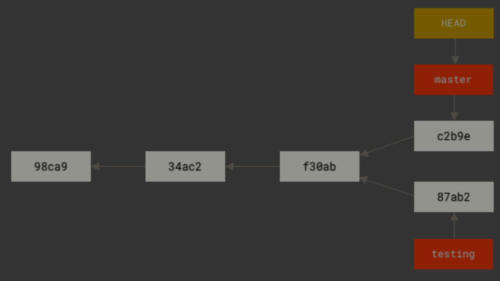 在master分支上进行提交后，master分支指针向前移动，testing分支指针保持不变